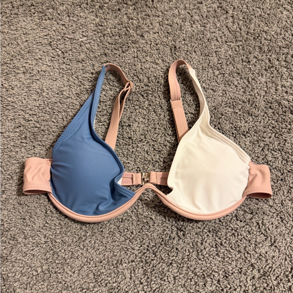 Blue and White Colorblock Swimsuit Top